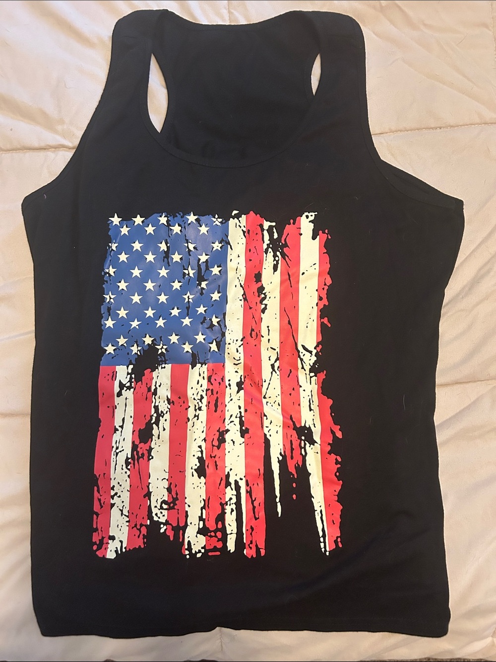 Black Women's Racerback Tank with Distressed American Flag Print